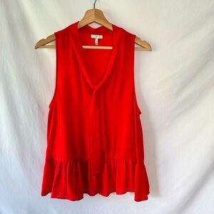 Joie 100% Silk Red Sleeveless Peplum Blouse with Bow Detail
